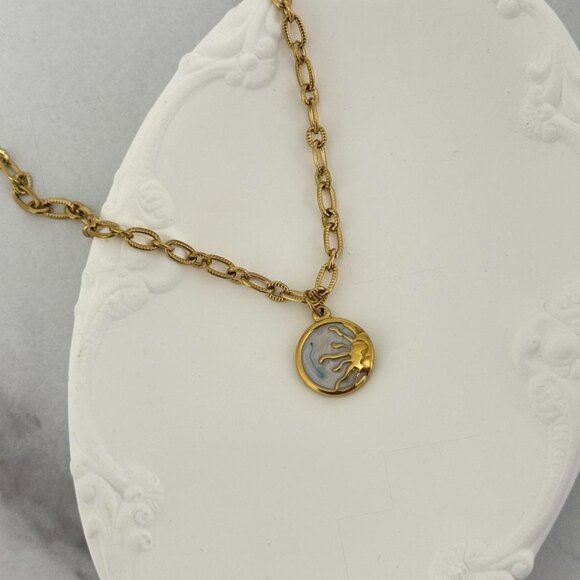 American Vintage Jewelry - Sku 0437 vintage gold chain necklace With moon stone pendant sun stainless steel